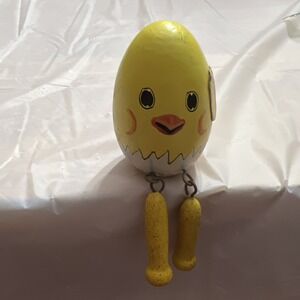 Vintage Folk Art Wood Egg Yellow Shelf Sitter Hand Painted Anthropomorphic